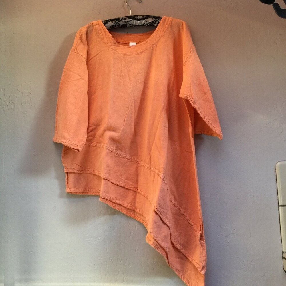 Maria De Guadalajara Womens Textured Asymmetric Tunic Top 3/4 Sleeve Orange